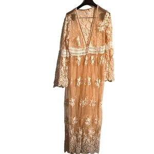 Y2K Lace Embroidered Maxi Kimono Sheer Boho Hippie Crochet Cottagecore Festival